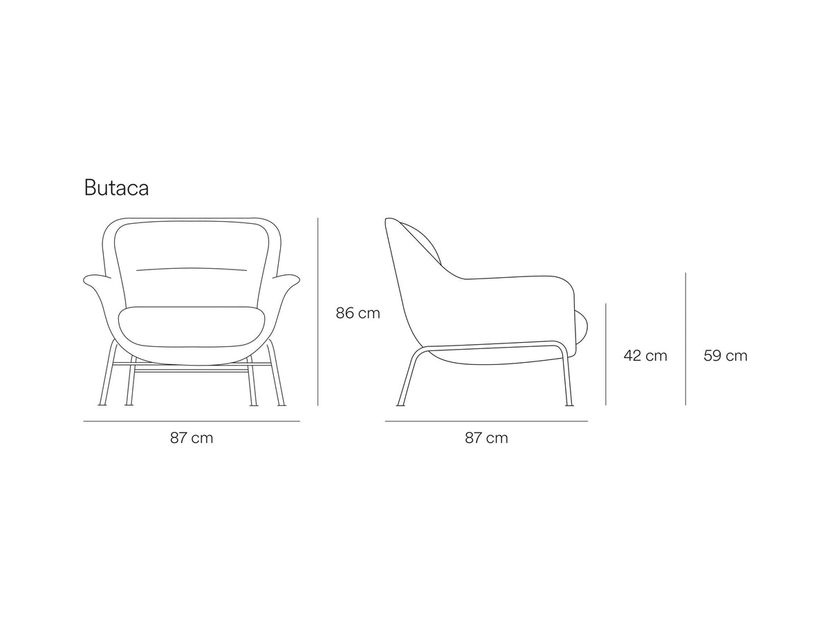 Croquis de medidas de Butaca SADIRA tapizada con patas de metal – Teulat