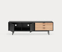 Mueble TV SIERRA de 180 cm con 2 puertas y 3 cajones, en negro, con las puertas abiertas – Teulat