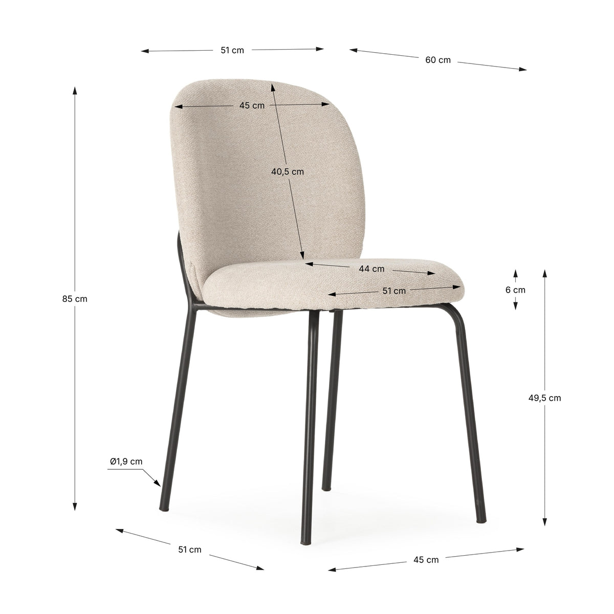 Croquis de medidas de Silla DAIA Tapizada